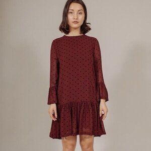 Ganni Carlton Georgette Dress Wine Red Black Polka Dot Size 38 (Medium) EUC